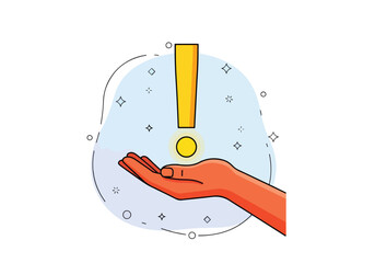 Hand offering coin with exclamation symbol for important notice - Flat Vector Illustration, icon. Editable stroke. Colored vector illustration