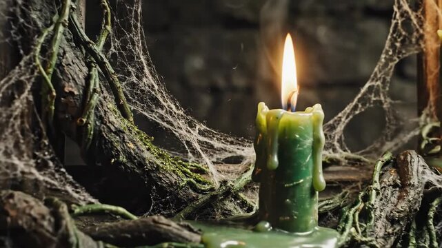 Halloween Vine Frame with Green Candles - A close-up shot features green candles burning in a vine-wrapped frame covered in cobwebs, creating a spooky Halloween atmosphere.