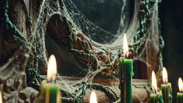 Cobweb Frame and Candles - A close-up shows lit green candles in front of an ornate, vine-covered frame covered in cobwebs. The candles' light flickers, providing a spooky ambiance for Halloween.