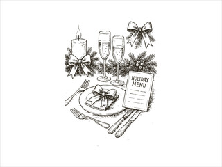  classic Christmas table setup, sketch style, ribbon decorations, champagn © Sabina