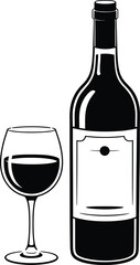 Elegant wine bottle and glass illustration in black and white style