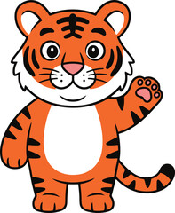 A full-body, friendly cartoon tiger character standing, smiling, and waving with a raised paw, rendered in a simple flat vector style.