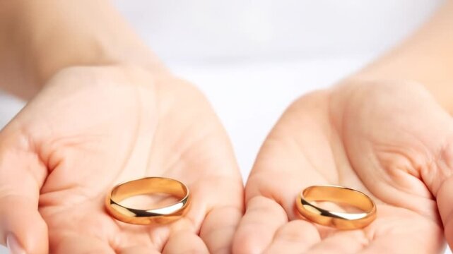 Hands holding wedding rings.