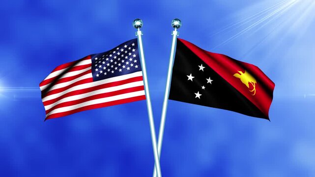 USA and Papua New Guinea Flag Waving On Pole Loop