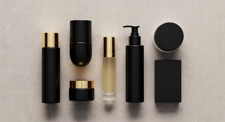 Obraz premium Elegant Black and Gold Cosmetic Containers on Neutral Textured S