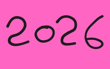 Black hand-drawn 2026 numbers bold doodle style on bright pink background