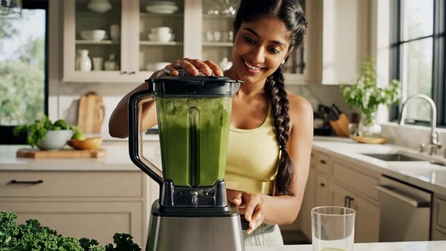 Woman Preparing Healthy Green Smoothie in Kitchen - A smiling woman with braided hair is making a green smoothie using a blender in a bright, modern kitchen.