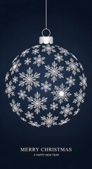 Elegant Christmas Bauble Illustration Covered In Intricate White Snowflakes Hanging Against A Deep Navy Blue Background With Seasonal Greeting Text Merry Christmas And A Happy New Year