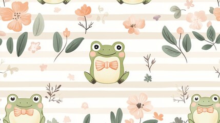 18.Hand-drawn preppy frog pattern featuring cute green frogs with expressive faces, bow ties, and colorful flowers, set against a soft beige and cream striped backdrop.