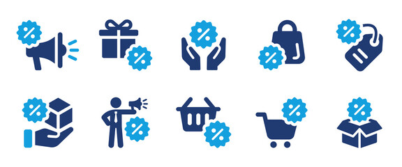 Offer icon set, containing promotion, sale, discount, shopping, retail, marketing and more. Solid vector icon symbol illustration.