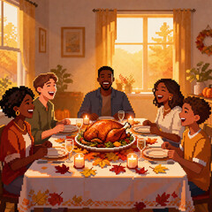 family having dinner pixel art