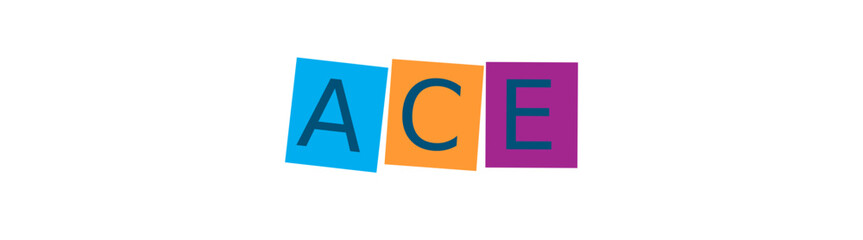 The letters ace in dark blue on colorful blocks isolated on transparent background