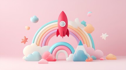 69.Colorful 3D vector poster featuring a red and blue rocket, a rainbow with soft gradients, and a multicolored pyramid, modern flat style, with a white text area in the center