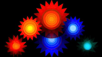 A collection of abstract, star-shaped sunbursts in vibrant red, orange, blue, and green hues against a stark black background. The shapes are layered and transl