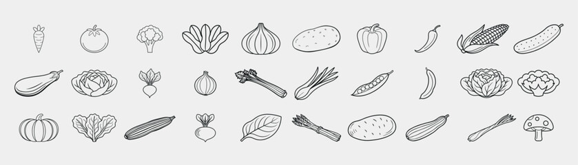 A set of 30 editable line icons of vegetables, including tomato, broccoli, carrot, onion, and more. Perfect for food apps, health blogs, restaurant branding, diet planning, and nutrition infographics.