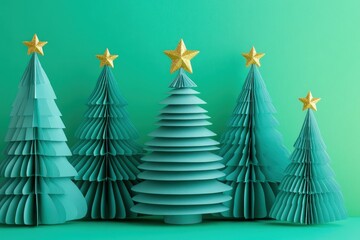Five paper cutout holiday evergreen decorations stand against a vibrant teal background