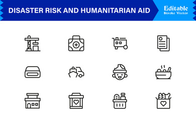 Disaster Risk And Humanitarian Aid Line Icon Set With Modern Minimal Style And Unique Editable Vector Icons For Clear Communication
