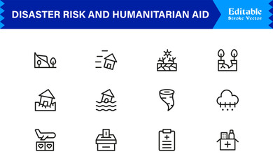 Disaster Risk And Humanitarian Aid Line Icon Set With Modern Minimal Style And Unique Editable Vector Icons For Clear Communication