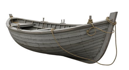 Weathered wooden rowboat isolated against a dark background in studio setting