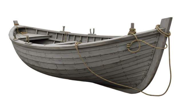 Weathered wooden rowboat isolated against a dark background in studio setting