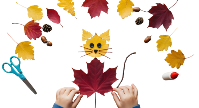 Child creates halloween cat decoration with autumn leaves and craft supplies