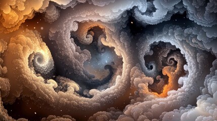 An abstract, swirling vortex of clouds and stars, resembling a cosmic nebula. The scene features a mix of warm orange and cool blue-grey tones, creating a dream