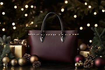 Luxurious burgundy tote bag displayed amongst festive holiday decorations with bokeh lights