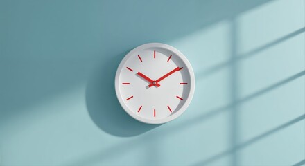 Time's Precision on Blue: A minimalist clock, mounted against a cool blue wall, portrays the passage of time with elegance and simplicity, casting shadows that accentuate its clean lines.