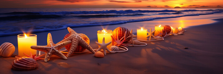 Candlelit beach scene at sunset with starfish and shells.