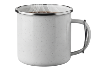 White speckled enamel camping mug filled with steaming coffee isolated on a transparent background