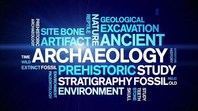 Archaeology animated word cloud-text design animation tag kinetic typography seamless loop.