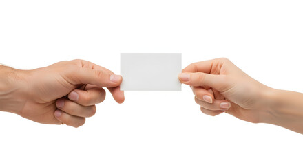 Obraz premium Two hands holding a blank business card on white background studio shot