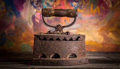 Rusty Vintage Iron Box with Handle on Teal Gradient Background Highlighting Industrial Decay and Texture