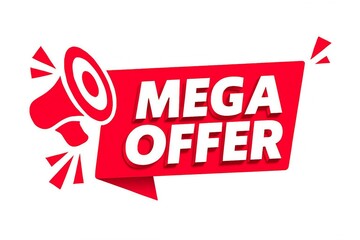 Bright red mega offer banner with megaphone announcing a huge sale and special discount promotion