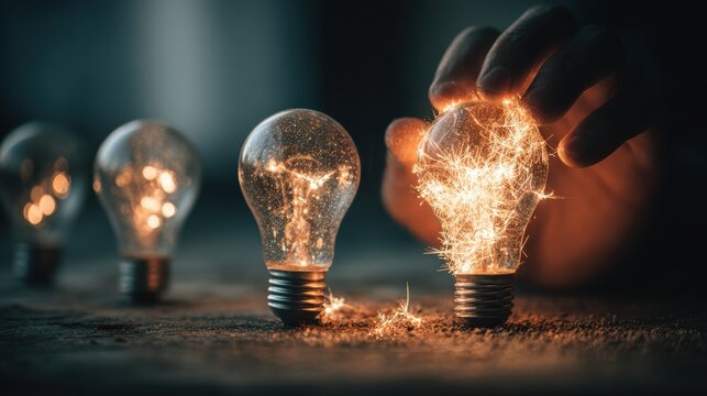 Great idea concept, Idea, innovation and inspiration, creativity with light bulbs that shine glitter on table, new ideas with innovative technology and creativity, business, education, technology