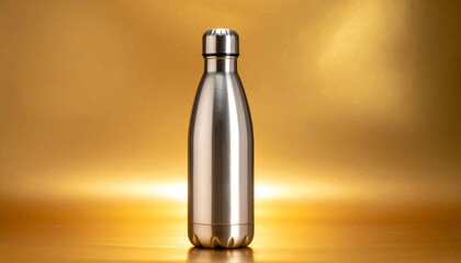 Stainless Steel Insulated Water Bottle on Golden Yellow Gradient Background with Reflective Metallic Finish