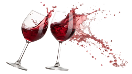 Two elegant wine glasses with red wine splashing in a celebratory motion, isolated on a transparent background, ultra realistic details, crisp edges, high resolution PNG.