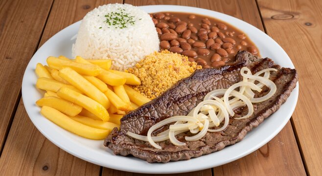The image shows Bife Acebolado, a classic Brazilian dish consisting of steak and onions