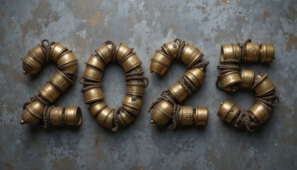 Ringing in the New Year with antique golden bells displaying 2025 numerals