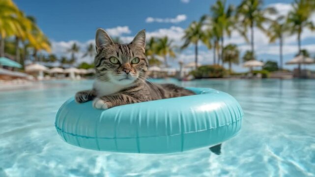 A tabby cat lounges in a turquoise pool ring, sunlit lagoon with palm trees framing scenery. Brightly
