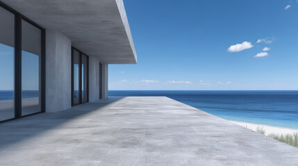 Modern beachfront terrace overlooking calm ocean waves and clear blue sky during daylight