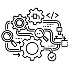 Line art illustration of a complex system with gears, magnifying glasses, and code tags representing process automation and development