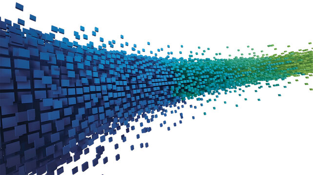 Abstract stream of blue and green cubes flowing dynamically across a dark background isolated on transparent background