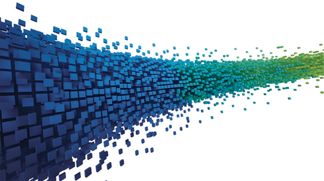 Abstract stream of blue and green cubes flowing dynamically across a dark background isolated on transparent background - Powered by Adobe