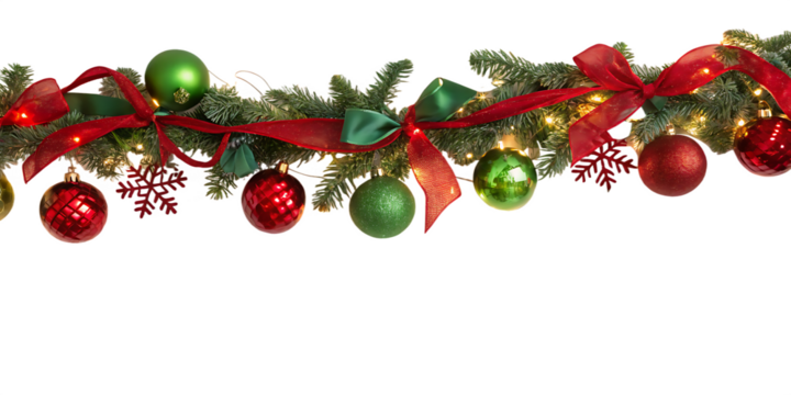 Christmas Garland with Red and Green Ornaments and Ribbon Accents. Festive Evergreen Decoration with Baubles, Snowflakes, and Warm Lights. Holiday Garland Border for Seasonal Displays and Creative Des
