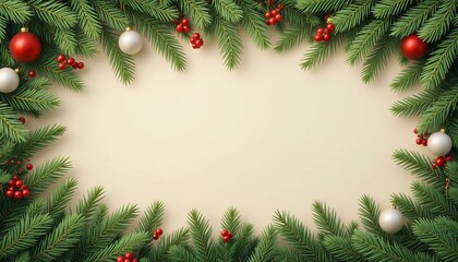 Festive Christmas pine frame with ornaments and red berries for holiday promotions
