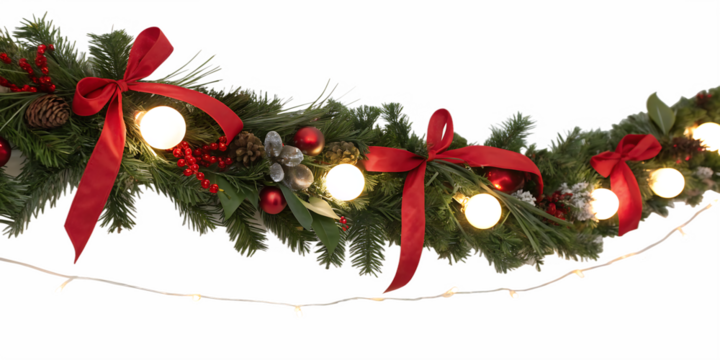 Christmas Garland with Red Bows and Warm Lights. Festive Evergreen Decoration with Ornaments, Pinecones, and Berries. Holiday Garland Border for Seasonal Displays, Cards, and Design Projects.