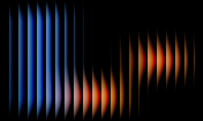 Dynamic abstract digital art with a vibrant blue-orange gradient. Illuminated vertical panels form a rhythmic wave pattern on a deep black background, creating a modern visual effect © HOSSAIN