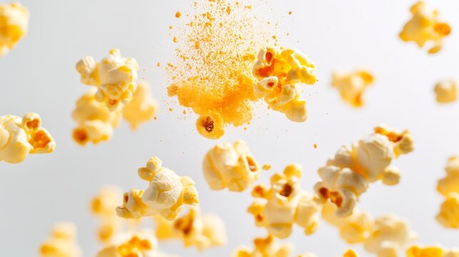 Premium cheese popcorn captured mid-drop against stark white backdrop, rich yellow-orange kernels with varied cheese coverage, powdered cheddar particles creating subtle cloud effect, perfectly timed