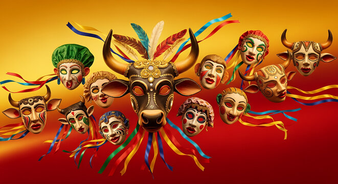 Bumba Meu Boi mid-summer Brazil banner, folk masks, gold-red gradient